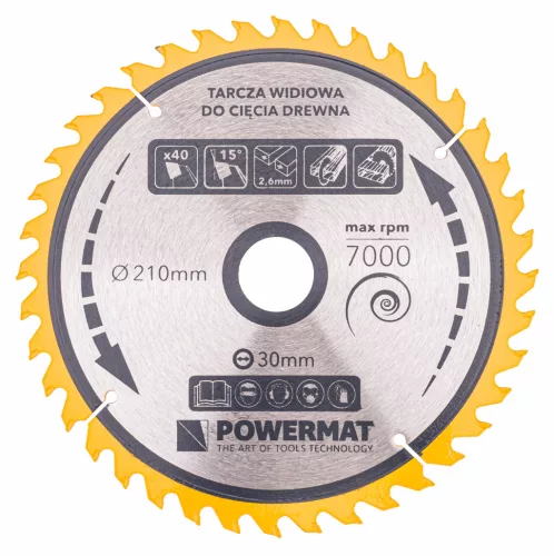 Keményfémlapkás körfűrészlap fához 210 × 30 mm, 40 fog, TDD-210x30x40Z – Powermat (PM0889)