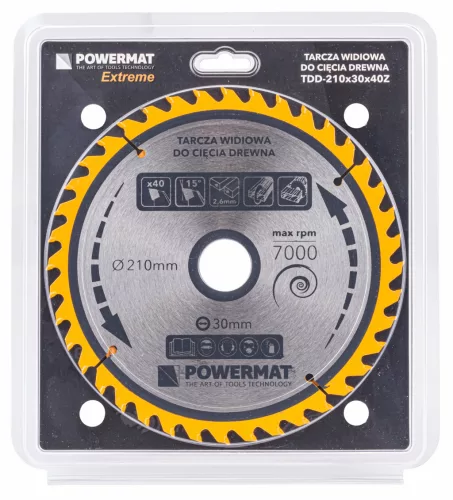 Keményfémlapkás körfűrészlap fához 210 × 30 mm, 40 fog, TDD-210x30x40Z – Powermat (PM0889)