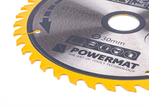Keményfémlapkás körfűrészlap fához 210 × 30 mm, 40 fog, TDD-210x30x40Z – Powermat (PM0889)