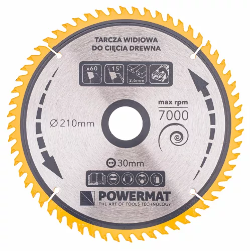 Keményfémlapkás körfűrészlap fához 210 × 30 mm, 60 fog, TDD-210x30x60Z – Powermat (PM0890)