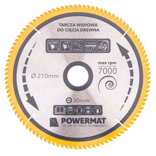 Keményfémlapkás körfűrészlap finomvágáshoz 210 × 30 mm, 100 fog, TDD-210x30x100Z – Powermat (PM0891)