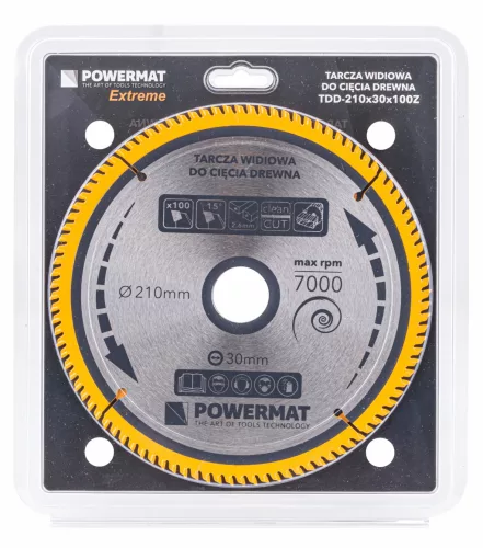 Keményfémlapkás körfűrészlap finomvágáshoz 210 × 30 mm, 100 fog, TDD-210x30x100Z – Powermat (PM0891)