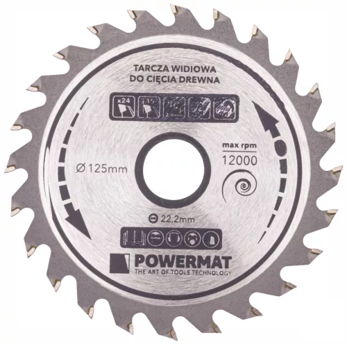 Keményfémlapkás körfűrészlap fához 125 × 22,2 mm, 24 fog, TDD-125x22.2x24Z – Powermat (PM0894)