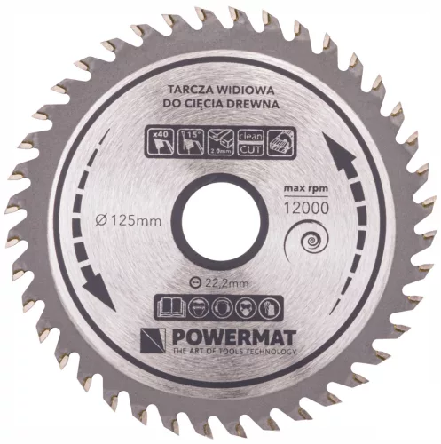 Keményfémlapkás körfűrészlap fához 125 × 22,2 mm, 40 fog, TDD-125x22.2x40Z – Powermat (PM0895)