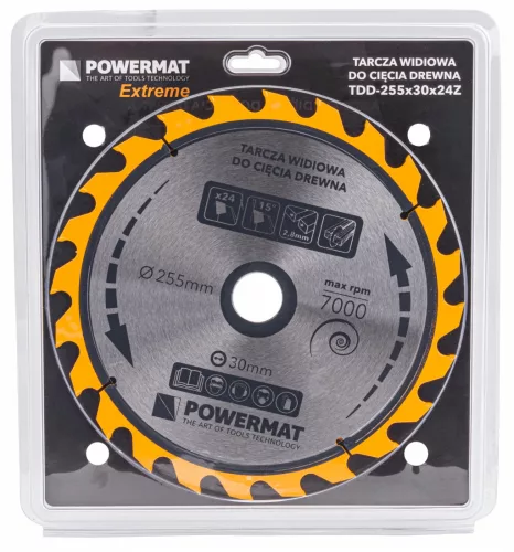 Keményfémlapkás körfűrészlap fához 255 × 30 mm, 24 fog, TDD-255x30x24Z – Powermat (PM0897)