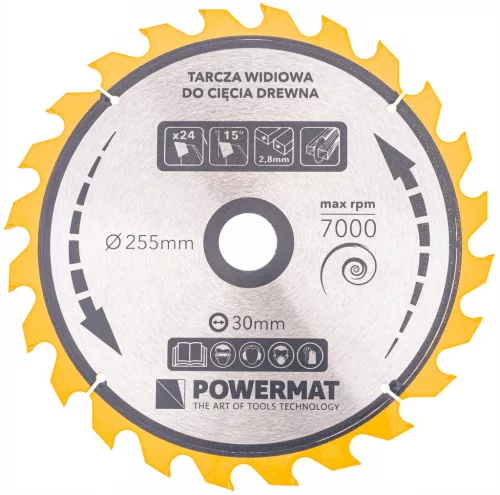 Keményfémlapkás körfűrészlap fához 255 × 30 mm, 24 fog, TDD-255x30x24Z – Powermat (PM0897)
