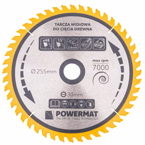Keményfémlapkás körfűrészlap fához 255 × 30 mm, 48 fog, TDD-255x30x48Z – Powermat (PM0898)