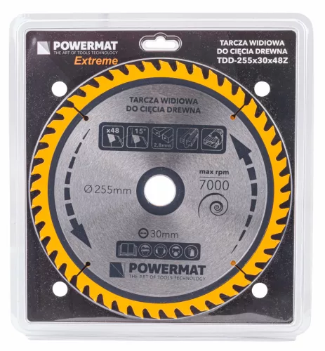 Keményfémlapkás körfűrészlap fához 255 × 30 mm, 48 fog, TDD-255x30x48Z – Powermat (PM0898)
