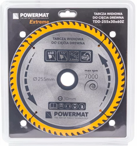 Keményfémlapkás körfűrészlap fához 255 × 30 mm, 60 fog, TDD-255x30x60Z – Powermat (PM0899)