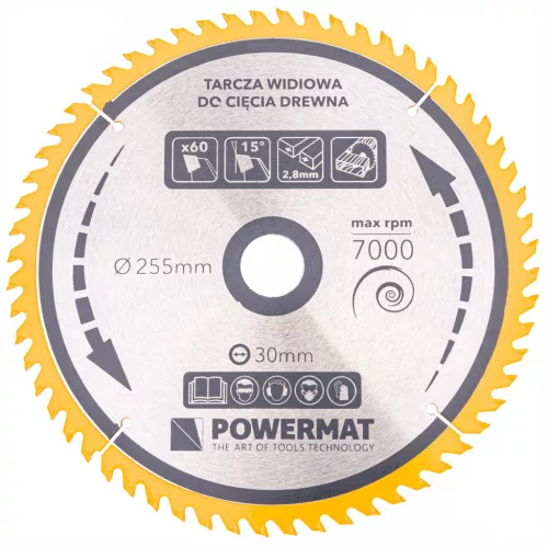 Keményfémlapkás körfűrészlap fához 255 × 30 mm, 60 fog, TDD-255x30x60Z – Powermat (PM0899)