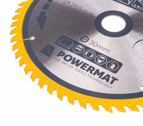 Keményfémlapkás körfűrészlap fához 255 × 30 mm, 60 fog, TDD-255x30x60Z – Powermat (PM0899)