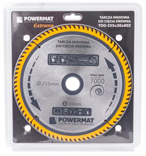 Keményfémlapkás körfűrészlap finomvágáshoz 255 × 30 mm, 80 fog, TDD-255x30x80Z – Powermat (PM0900)