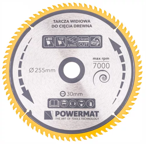 Keményfémlapkás körfűrészlap finomvágáshoz 255 × 30 mm, 80 fog, TDD-255x30x80Z – Powermat (PM0900)