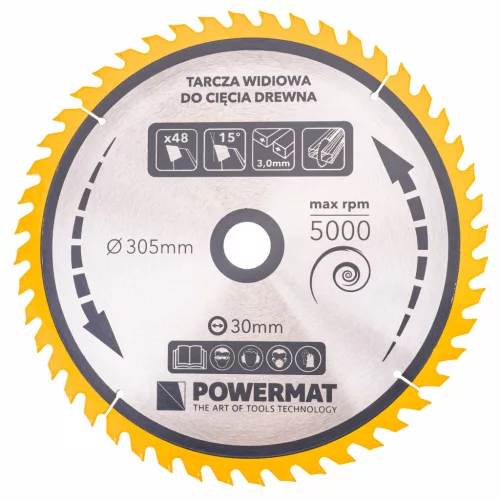 Keményfémlapkás körfűrészlap fához 305 × 30 mm, 48 fog, TDD-305x30x48Z – Powermat (PM0901)