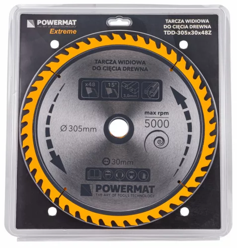 Keményfémlapkás körfűrészlap fához 305 × 30 mm, 48 fog, TDD-305x30x48Z – Powermat (PM0901)
