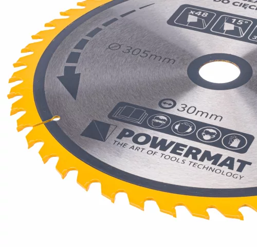 Keményfémlapkás körfűrészlap fához 305 × 30 mm, 48 fog, TDD-305x30x48Z – Powermat (PM0901)