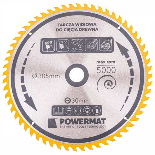 Keményfémlapkás körfűrészlap fához 305 × 30 mm, 60 fog, TDD-305x30x60Z – Powermat (PM0902)