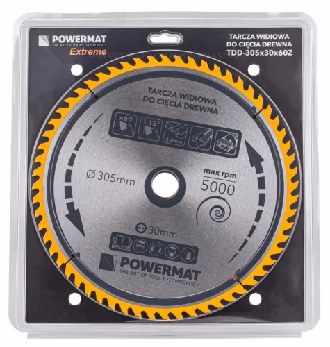 Keményfémlapkás körfűrészlap fához 305 × 30 mm, 60 fog, TDD-305x30x60Z – Powermat (PM0902)