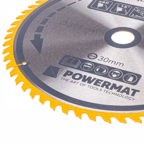 Keményfémlapkás körfűrészlap fához 305 × 30 mm, 60 fog, TDD-305x30x60Z – Powermat (PM0902)