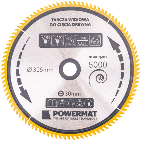 Keményfémlapkás körfűrészlap finomvágáshoz 305 × 30 mm, 100 fog, TDD-305x30x100Z – Powermat (PM0903)