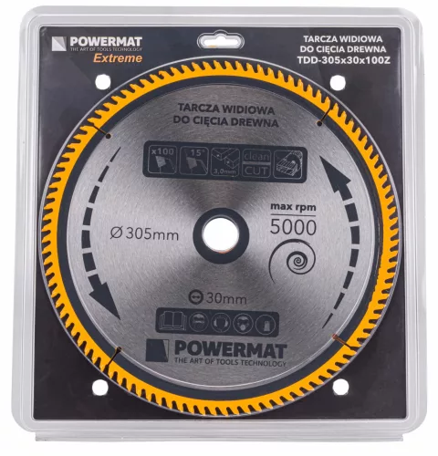 Keményfémlapkás körfűrészlap finomvágáshoz 305 × 30 mm, 100 fog, TDD-305x30x100Z – Powermat (PM0903)