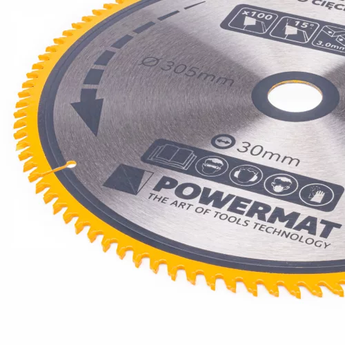Keményfémlapkás körfűrészlap finomvágáshoz 305 × 30 mm, 100 fog, TDD-305x30x100Z – Powermat (PM0903)