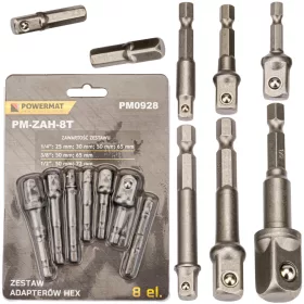   HEX dugókulcs-adapter készlet, 8 db, 1/4" – 3/8" – 1/2", mágneses, PM-ZAH-8T – Powermat (PM0928)