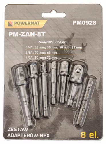 HEX dugókulcs-adapter készlet, 8 db, 1/4" – 3/8" – 1/2", mágneses, PM-ZAH-8T – Powermat (PM0928)