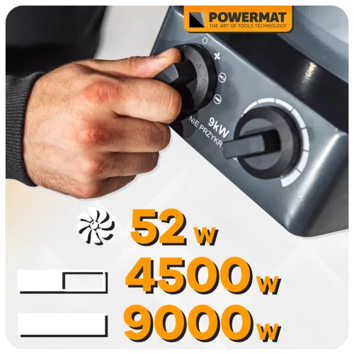 Elektromos hőlégfúvó 9 kW, 400 V, 620 m³/h, kerámia fűtőelemmel, termosztáttal, PM-NAG-9EN – Powermat (PM1021)
