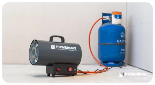 Gázüzemű hőlégfúvó 25 kW, propán-bután, 520 m³/h, nyomáscsökkentővel, PM-NAG-25GN – Powermat (PM1030)