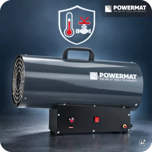 Gázüzemű hőlégfúvó 45 kW, propán-bután, 850 m³/h, tömlővel és nyomáscsökkentővel, PM-NAG-45GN – Powermat (PM1031)