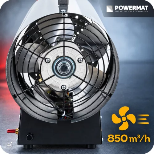 Gázüzemű hőlégfúvó 45 kW, propán-bután, 850 m³/h, tömlővel és nyomáscsökkentővel, PM-NAG-45GN – Powermat (PM1031)
