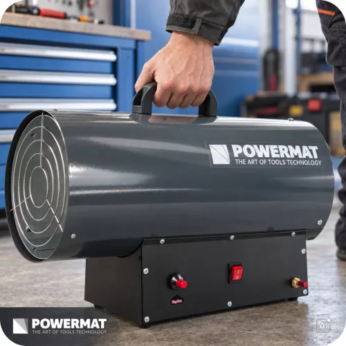 Gázüzemű hőlégfúvó 45 kW, propán-bután, 850 m³/h, tömlővel és nyomáscsökkentővel, PM-NAG-45GN – Powermat (PM1031)