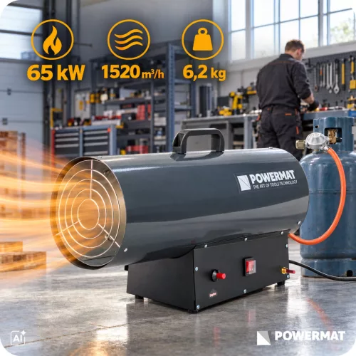 Gázüzemű hőlégfúvó 65 kW, propán-bután, 1520 m³/h, tömlővel és nyomáscsökkentővel, PM-NAG-65GN – Powermat (PM1032)