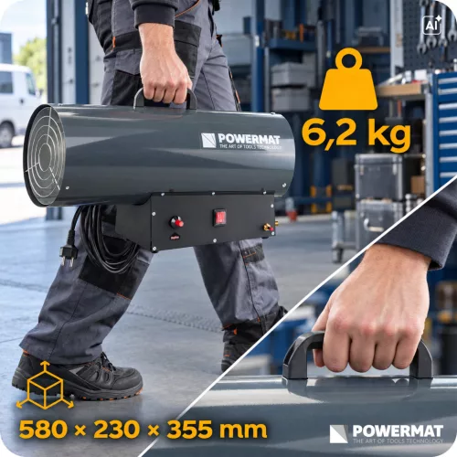 Gázüzemű hőlégfúvó 65 kW, propán-bután, 1520 m³/h, tömlővel és nyomáscsökkentővel, PM-NAG-65GN – Powermat (PM1032)