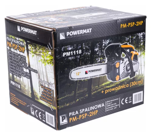 Benzines láncfűrész 2 LE (1,5 kW), 25,4 cm³, 30 cm-es (12") vezetőlappal, PM-PSP-2HP – Powermat (PM1118)