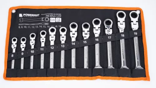 Csuklós racsnis csillag-villáskulcs készlet 8–19 mm, 12 db, CrV, PM-KPLO-12TP – Powermat (PM1176)