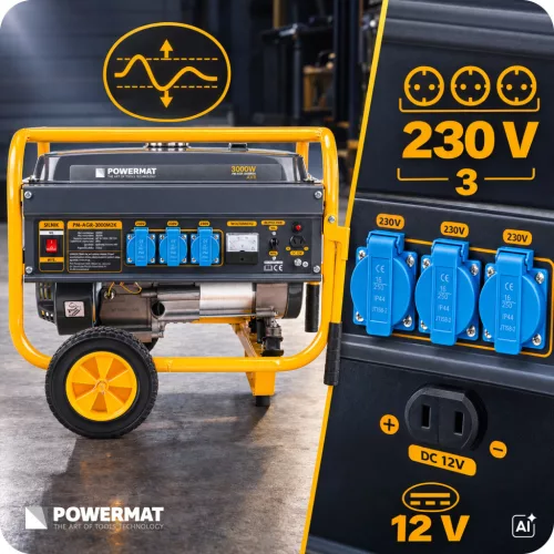 Áramfejlesztő 3 kW, kerekekkel, AVR feszültségszabályzóval, 3 × 230 V, PM-AGR-3000M2K – Powermat (PM1198)