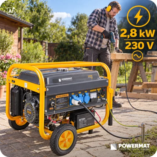 Áramfejlesztő 3 kW, önindítós, akkumulátorral, kerekekkel, AVR, PM-AGR-3000M2KE – Powermat (PM1199)