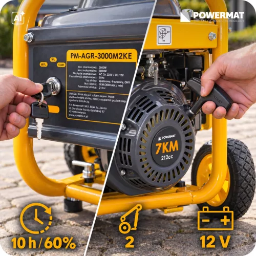 Áramfejlesztő 3 kW, önindítós, akkumulátorral, kerekekkel, AVR, PM-AGR-3000M2KE – Powermat (PM1199)