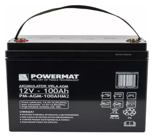 AGM akkumulátor 12 V, 100 Ah, C20, VRLA, tartalék üzemre, PM-AGM-100AHM2 – Powermat (PM1202)