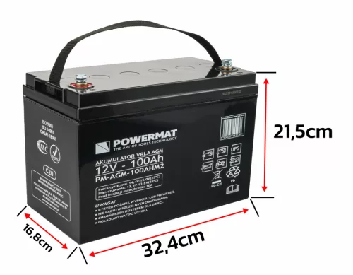 AGM akkumulátor 12 V, 100 Ah, C20, VRLA, tartalék üzemre, PM-AGM-100AHM2 – Powermat (PM1202)