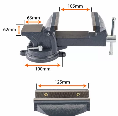Forgatható lakatos satu 125 mm, üllővel, 360°, öntöttvas, PM-IS-125T – Powermat (PM1236)