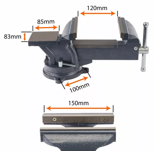 Forgatható lakatos satu 150 mm, üllővel, 360°, öntöttvas, PM-IS-150T – Powermat (PM1237)