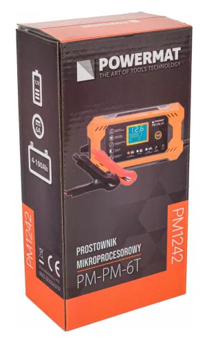 Mikroprocesszoros akkumulátortöltő 12 V, 6 A, 4–100 Ah, AGM / GEL / LFP, IP65, PM-PM-6T – Powermat (PM1242)