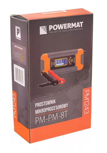 Mikroprocesszoros akkumulátortöltő 12 V / 24 V, 8 A, 4–120 Ah, AGM / GEL / LFP, IP65, PM-PM-8T – Powermat (PM1243)
