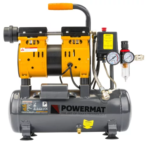 Olajmentes kompresszor 6 l, 8 bar, 150 l/perc, vízleválasztóval, PM-KBO-6T – Powermat (PM1282)
