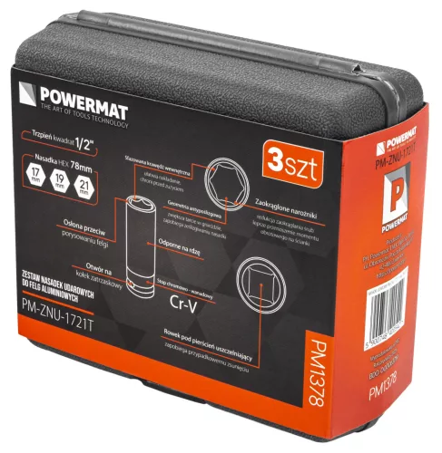 Gépi dugókulcs készlet 1/2 col, 3 db (17, 19, 21 mm), alufelnihez, PM-ZNU-1721T – Powermat (PM1378)