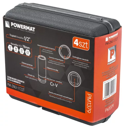 Gépi dugókulcs készlet 1/2 col, 4 db (17–22 mm), alufelnihez, PM-ZNU-1722T – Powermat (PM1379)