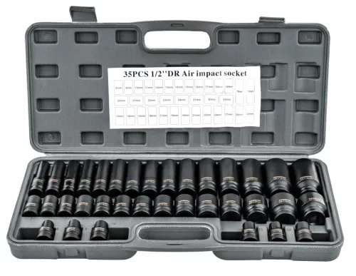 Gépi dugókulcsfej készlet 1/2", 35 részes, 8–32 mm, rövid 38 mm és hosszú 78 mm, CrV, PM-ZNU-832T – Powermat (PM1380)